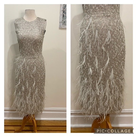 David Meister Champagne feather sleeveless lace midi dress - Picture 2 of 9